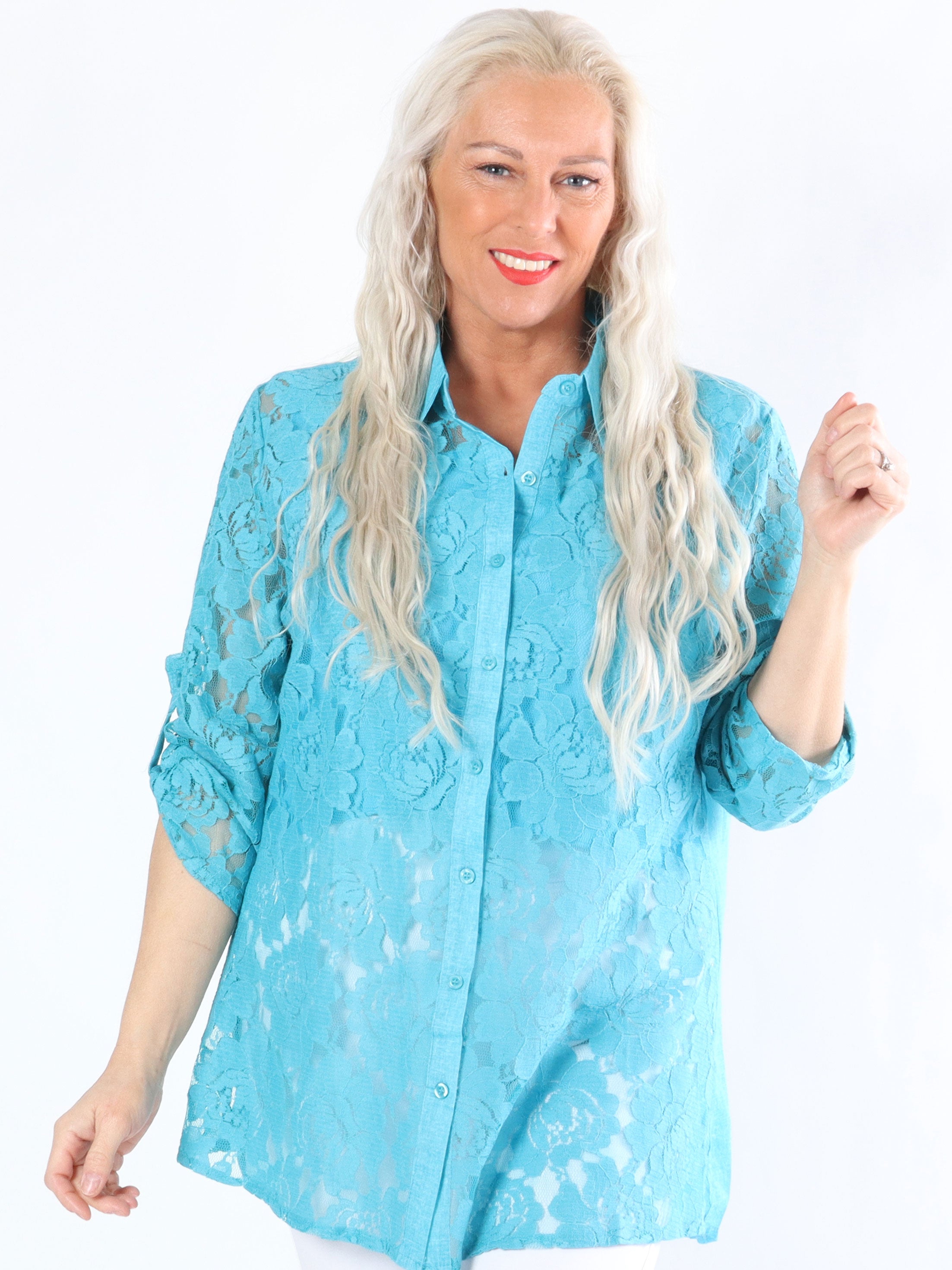 Diamond - Koral blondeskjorte med trekvart ærmer